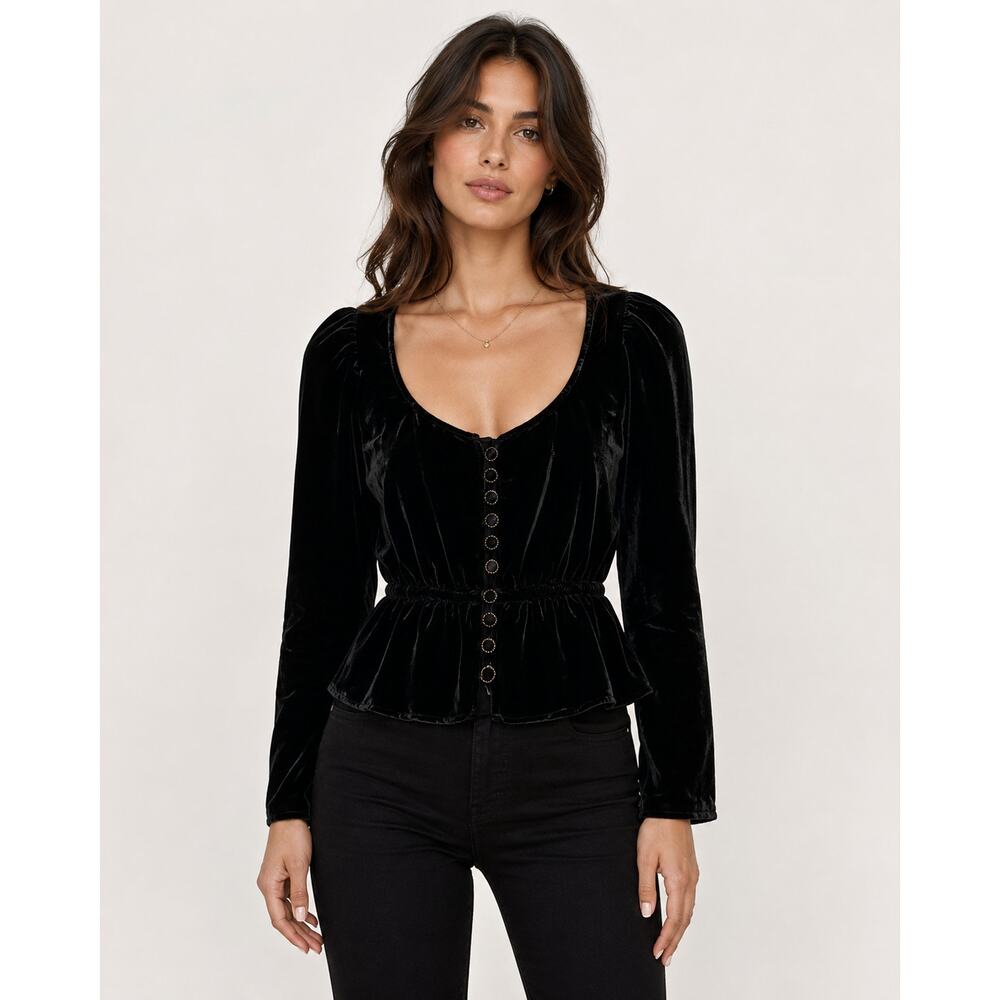 The Kooples Silk Button Front Peplum Blouse 0 Black Velvet Square Neck Victorian